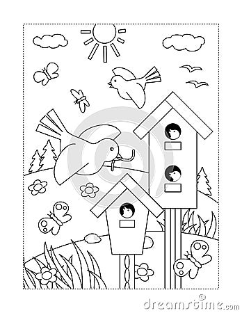 Coloring page with birds, nestlings, birdhouses Vector Illustration